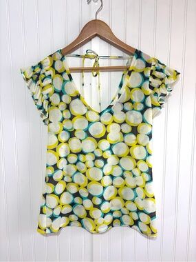 New York & Company Flutter Sleeve Tie Back Blouse Top Double V-Neck Size L